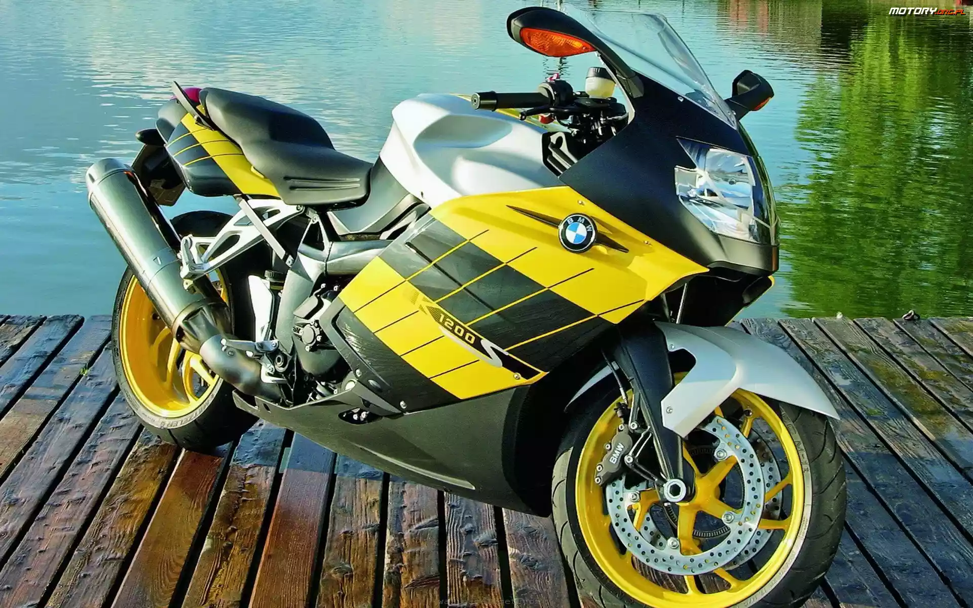 Motocykl, Jezioro, Żółty, BMW