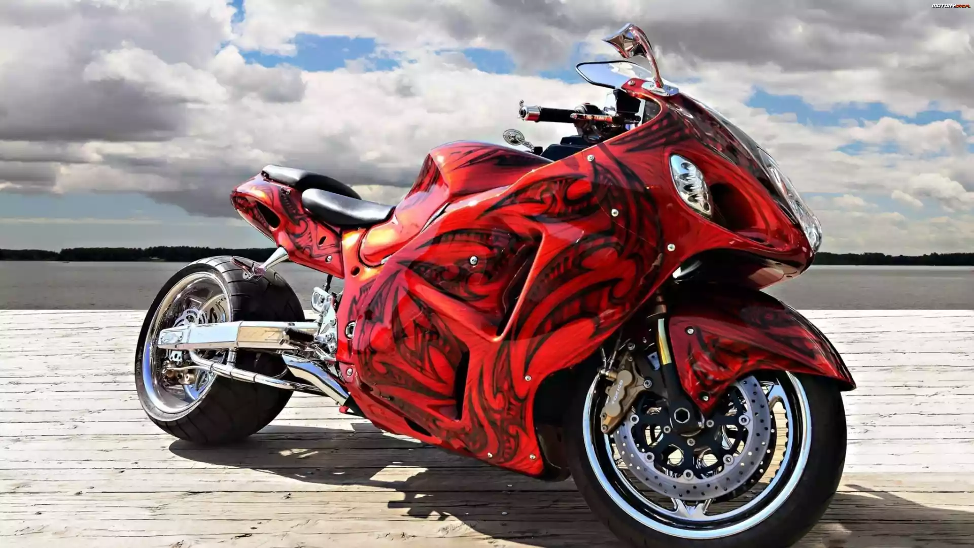 Chmury, Czerwony, Motocykl