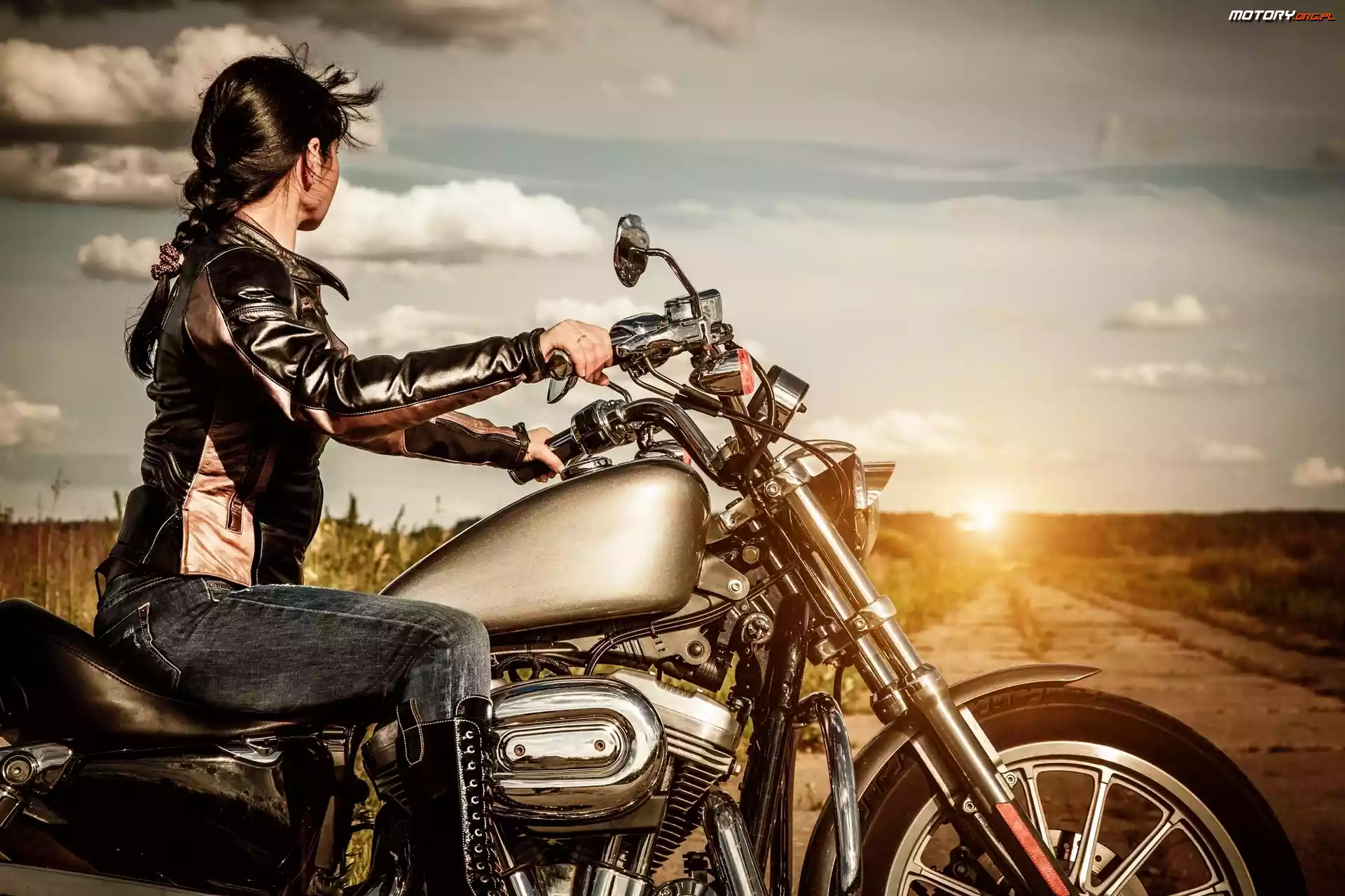 Motocykl, Wschód Słońca, Dziewczyna, Droga