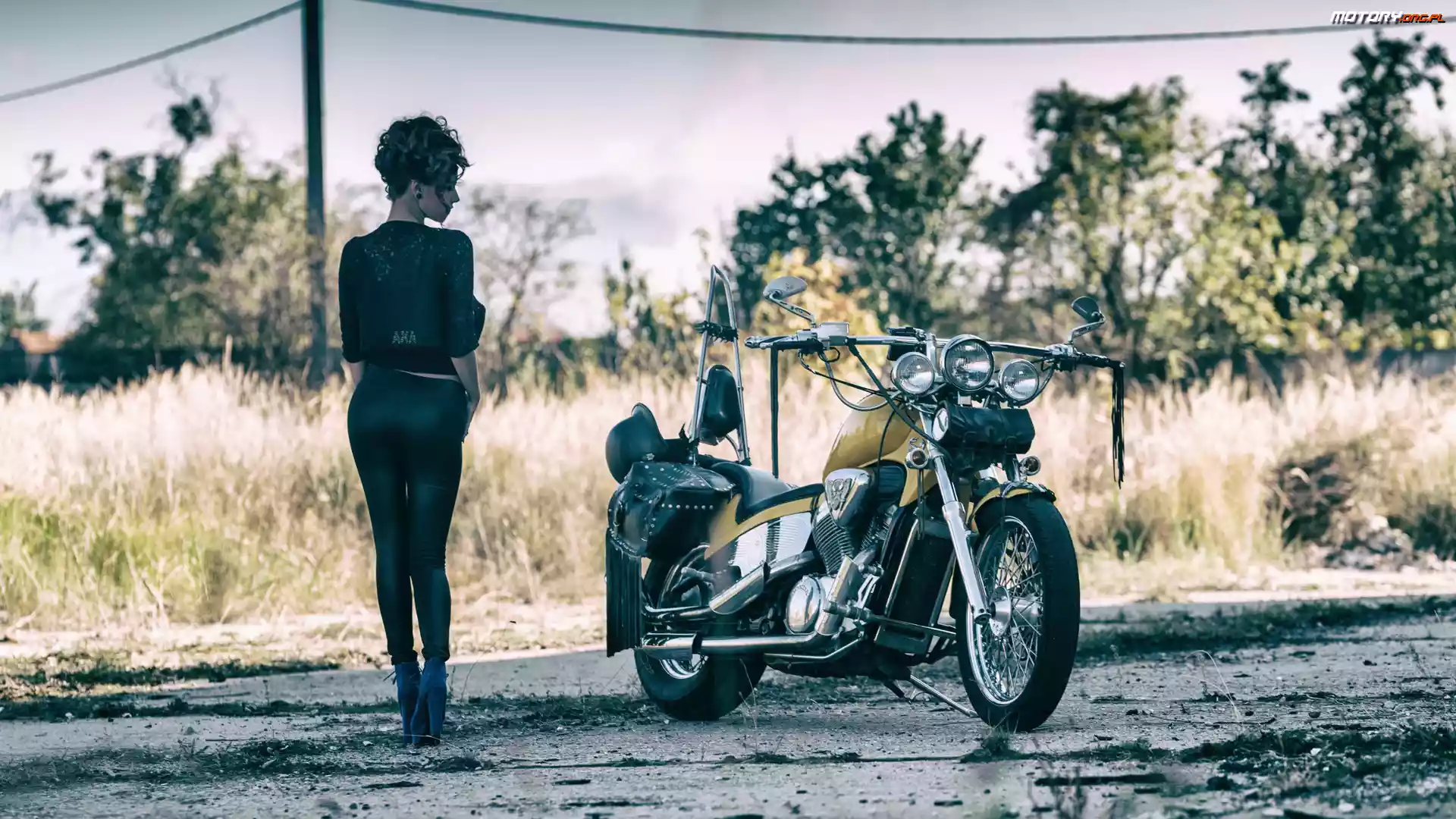 Motocykl, Droga, Kobieta, Polna