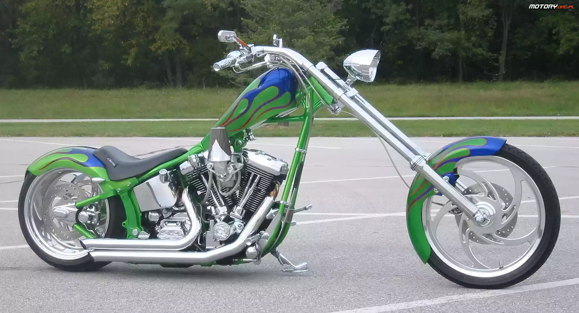 tłumik , zielony, światła , opony , Chopper, Cruiser, koła, lusterka, kierownica, siedzenie